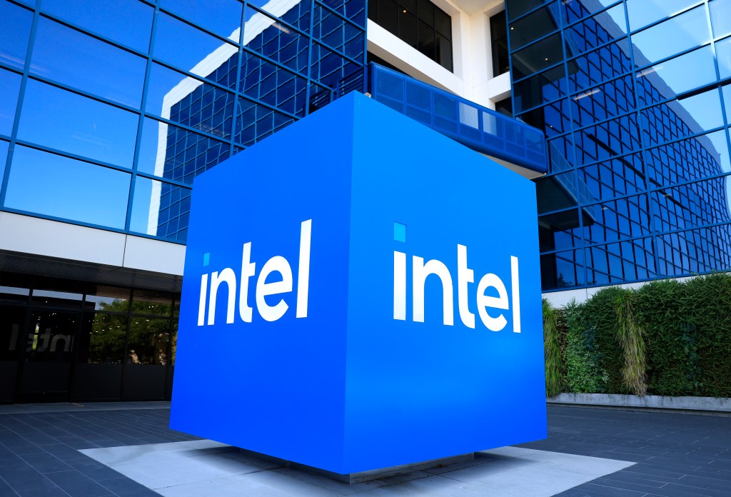 Intel logo outside Intel headquarters.